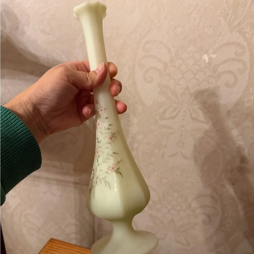 Vintage Fenton custard uranium pink flowers vase 11.5” Hand painted signed